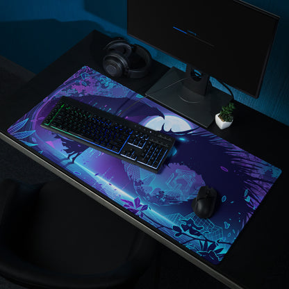 Neon dragon vaporwave gaming mousepad with vibrant purple and blue colors and glowing neon futuristic landscape design