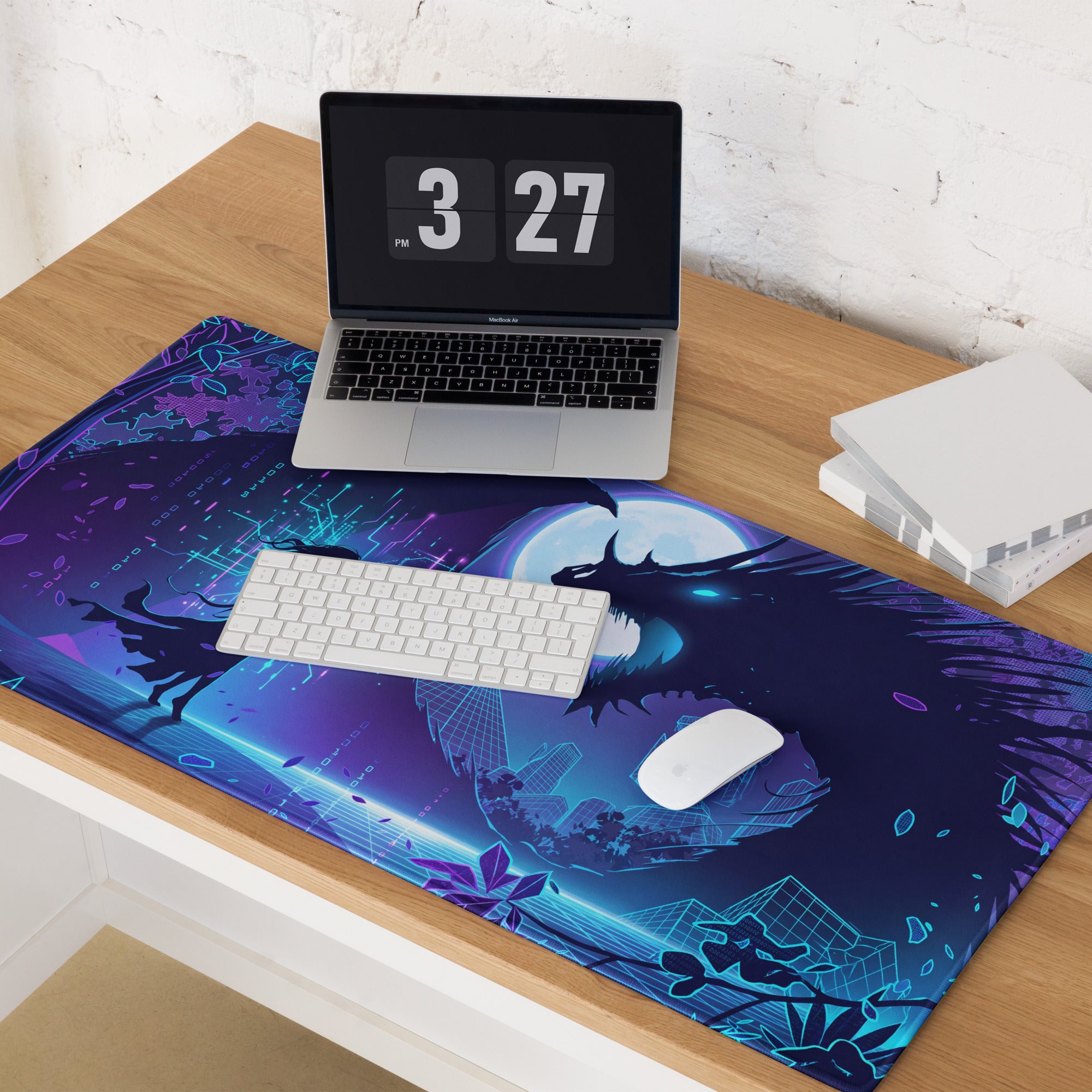 Neon dragon vaporwave mouse pad featuring a vibrant purple and blue stylized dragon under a glowing moon