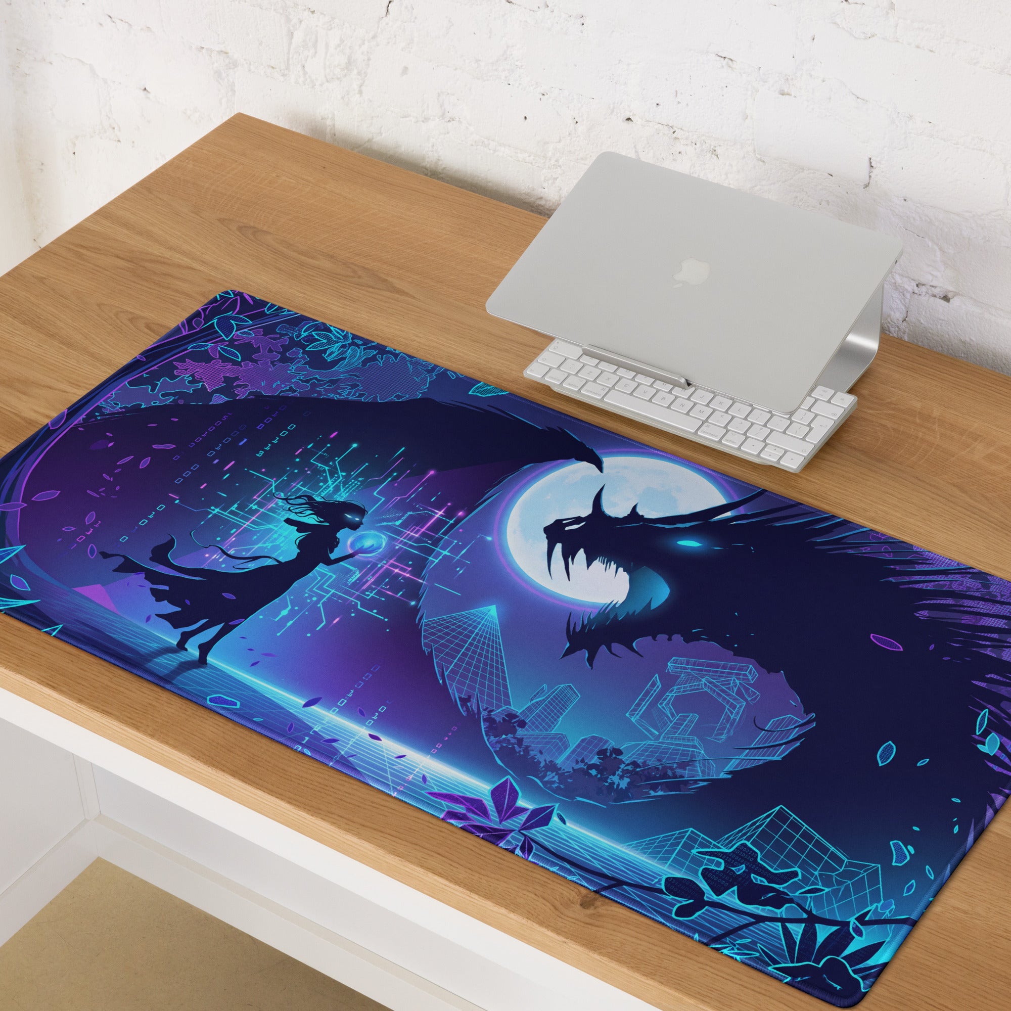 Neon dragon vaporwave gaming mousepad with vibrant blue and purple warrior and dragon design on digital circuitry background