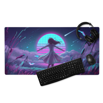Neon vaporwave gaming mouse pad with a silhouette of a girl dancing under cyan and magenta sunset and digital grids