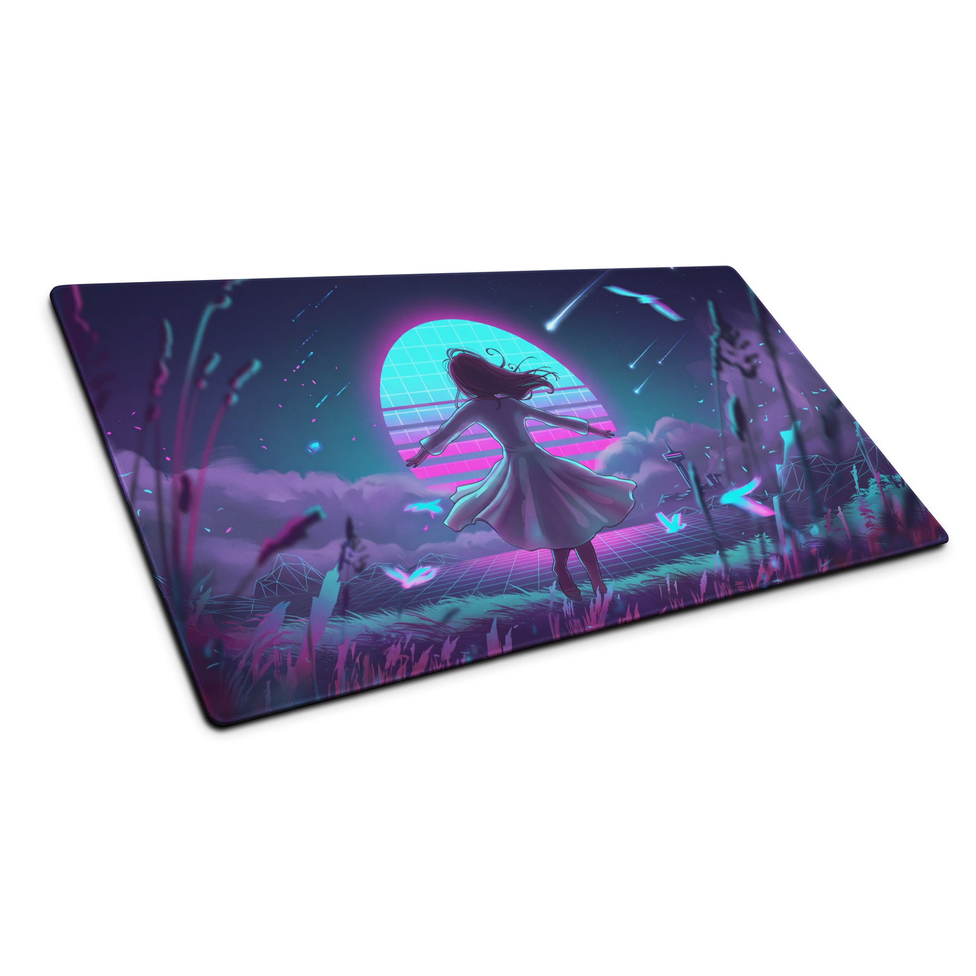 Neon vaporwave gaming mouse pad with glowing pink and teal nebula design featuring a dancing girl silhouette under a radiant sky
