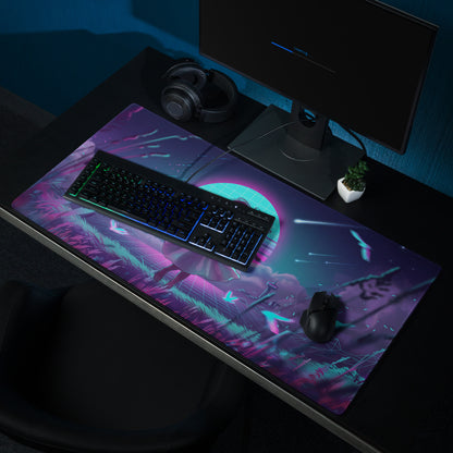 Neon vaporwave gaming mouse pad with vibrant purple and teal cyberpunk design featuring glowing moon and neon streaks