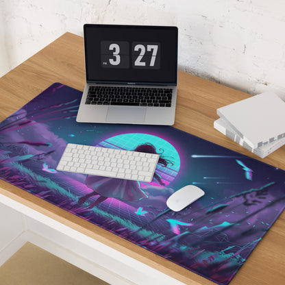 Neon vaporwave gaming mouse pad with navy blue and teal cyberpunk anime girl under glowing moon design