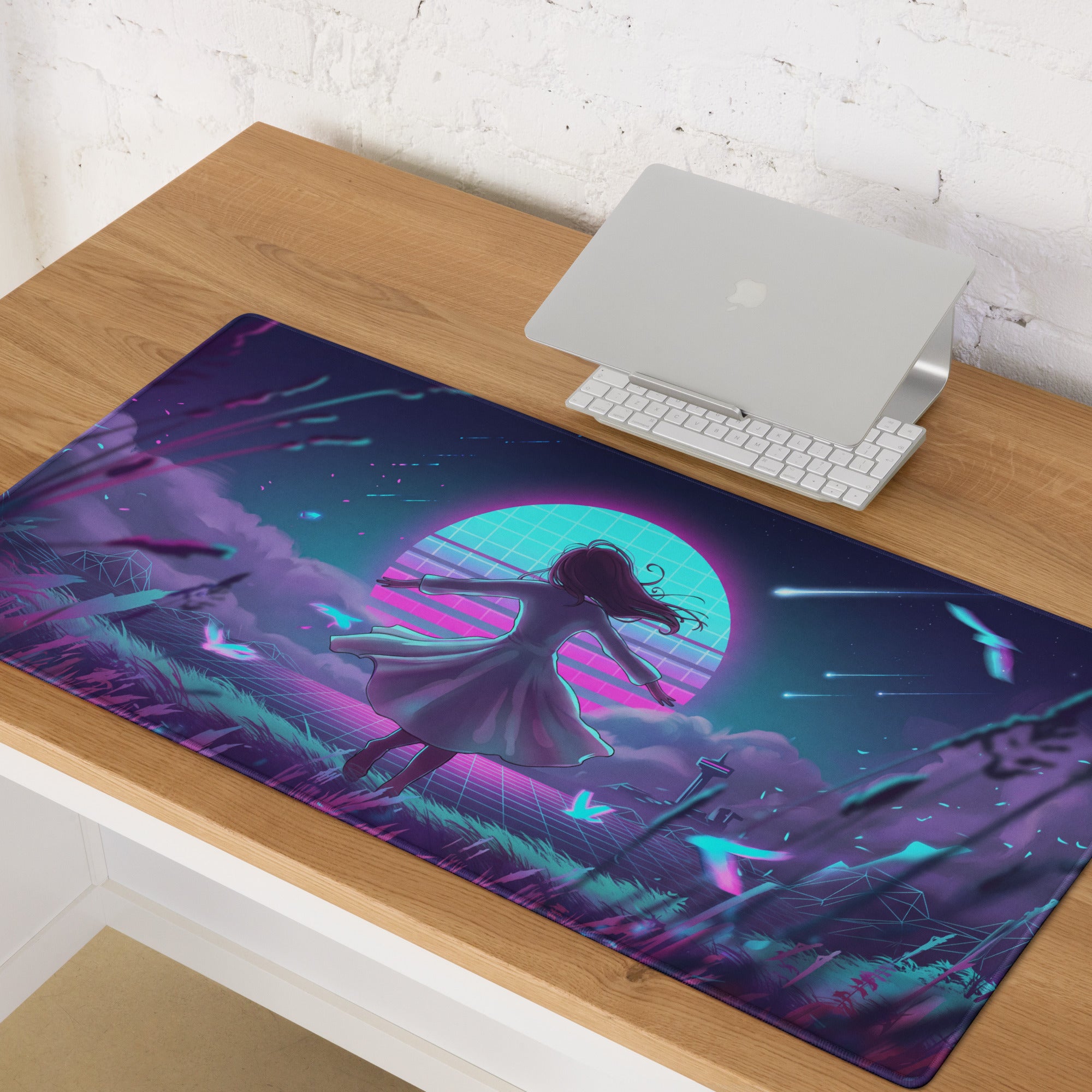 Neon vaporwave gaming mouse pad with nebula-themed glowing purple and teal design featuring a dancing silhouette
