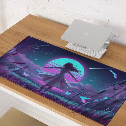 Neon vaporwave gaming mouse pad with nebula-themed glowing purple and teal design featuring a dancing silhouette
