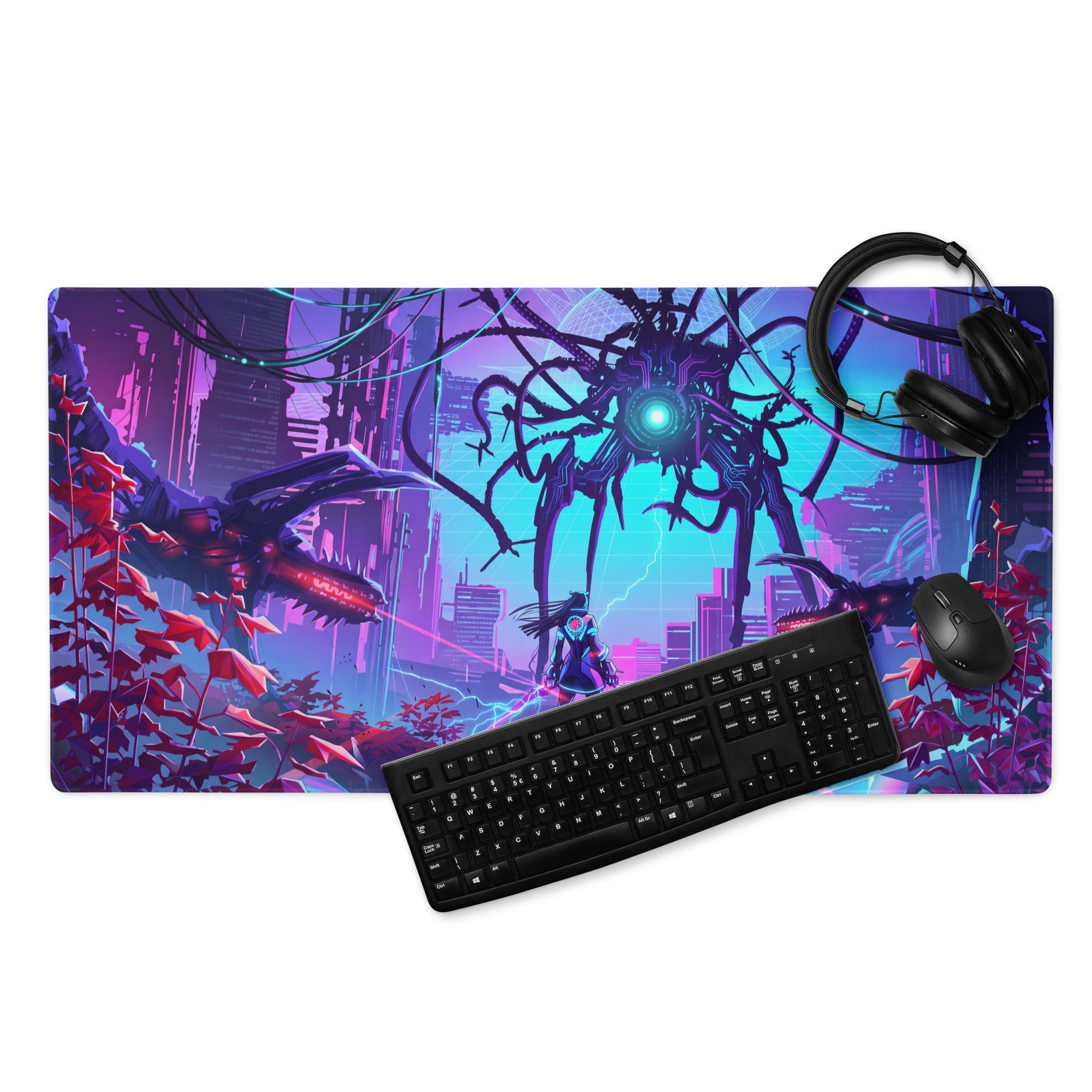 Vibrant purple and teal vaporwave neon gaming mouse pad with futuristic cityscape and glowing creatures for desk use
