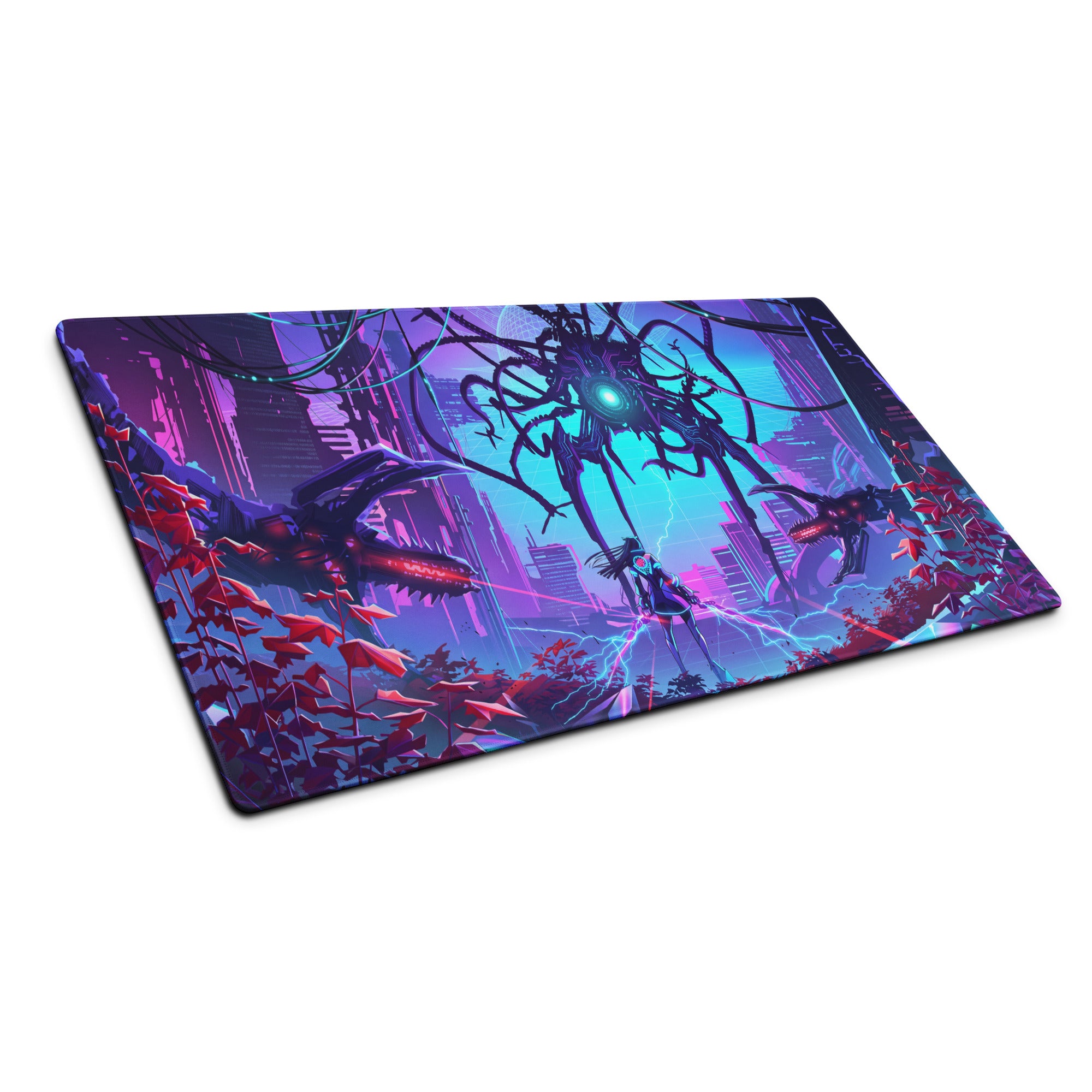 Vaporwave neon gaming mouse pad with vibrant cyberpunk cityscape in neon purple blue and red hues for gaming desk use