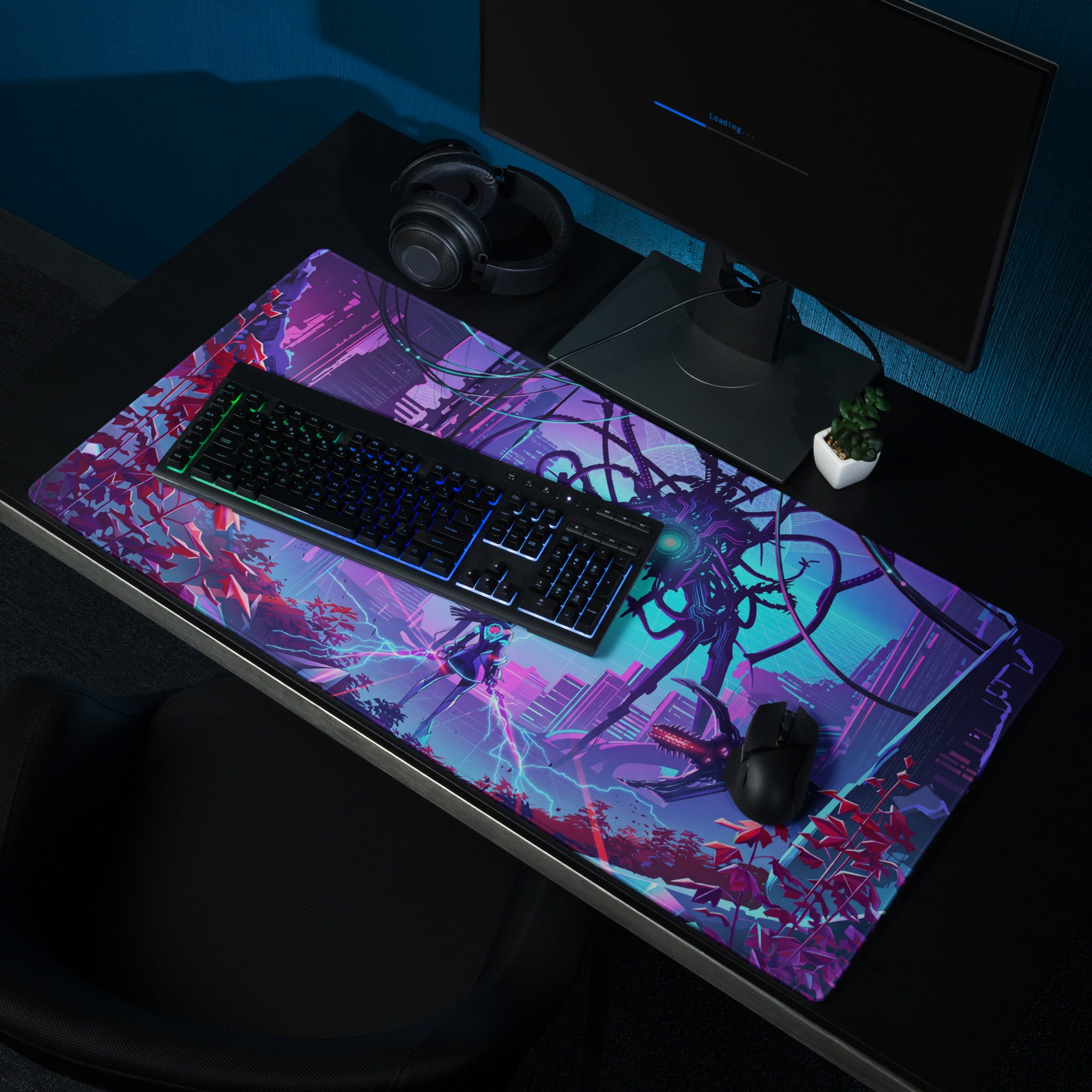 Vaporwave neon gaming mouse pad in vibrant purple and blue with mechanical creature design and black keyboard and mouse