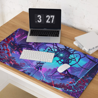 Vibrant purple and blue vaporwave neon gaming mouse pad with anime character lightning and mechanical synthwave art