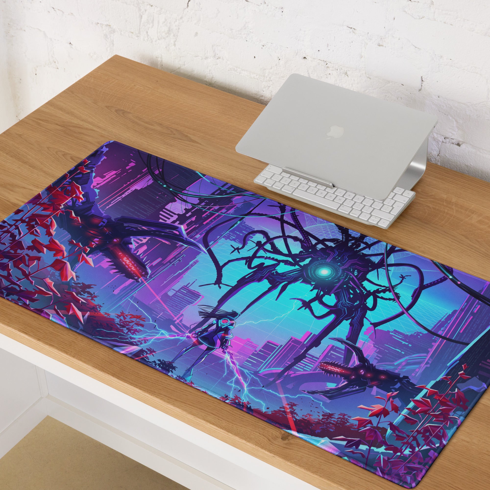 Vaporwave neon gaming mouse pad with vibrant purple and teal cyberpunk battle scene and glowing synthwave elements