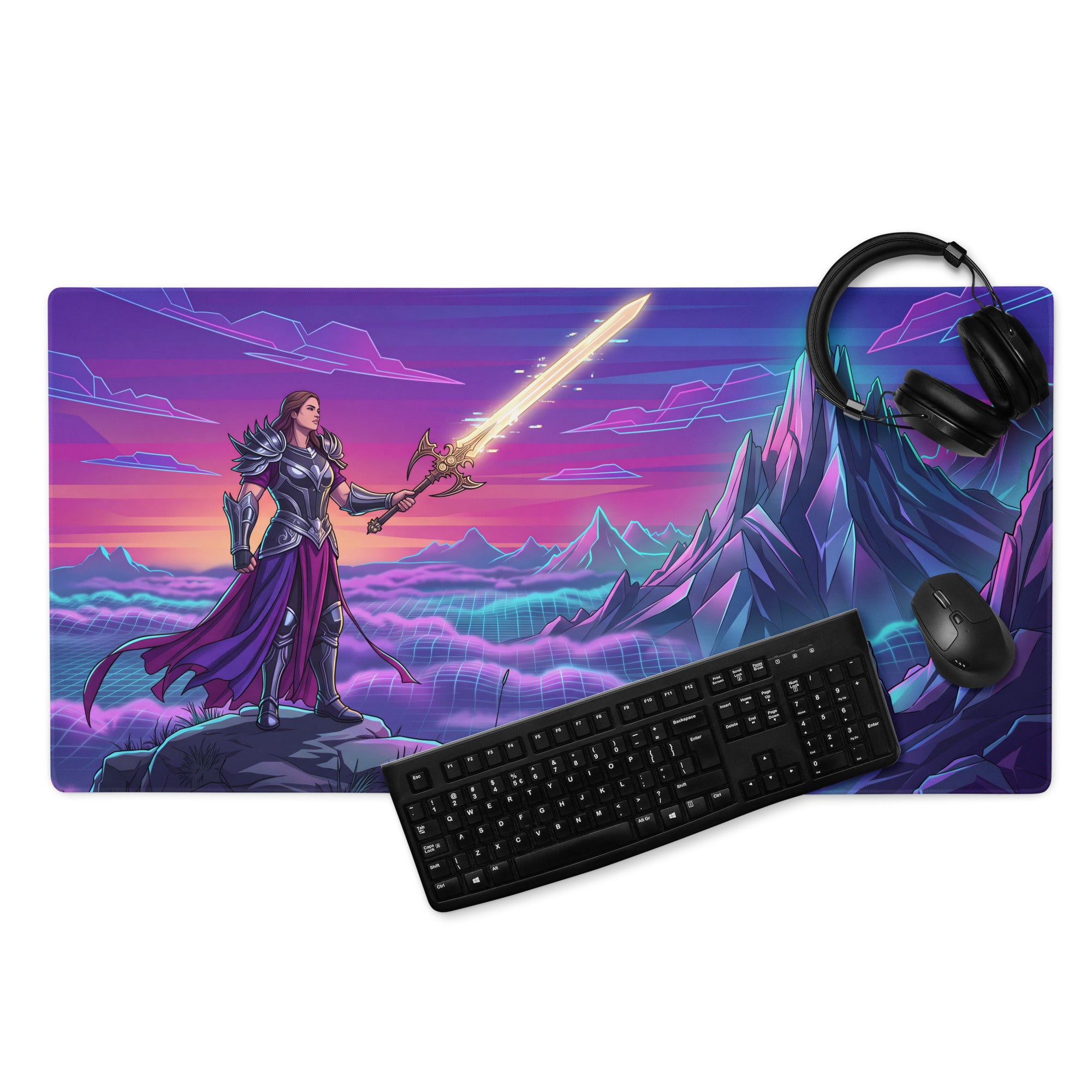 Vibrant purple and pink vaporwave neon mountain mouse pad featuring a female warrior with glowing sword on a neon landscape