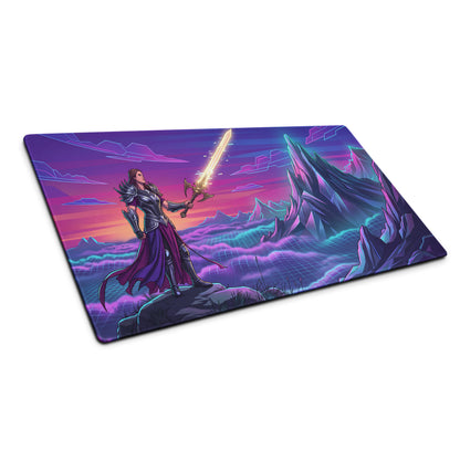 Navy blue and purple neon vaporwave gaming mousepad featuring a fantasy warrior with glowing sword on cyberpunk mountains