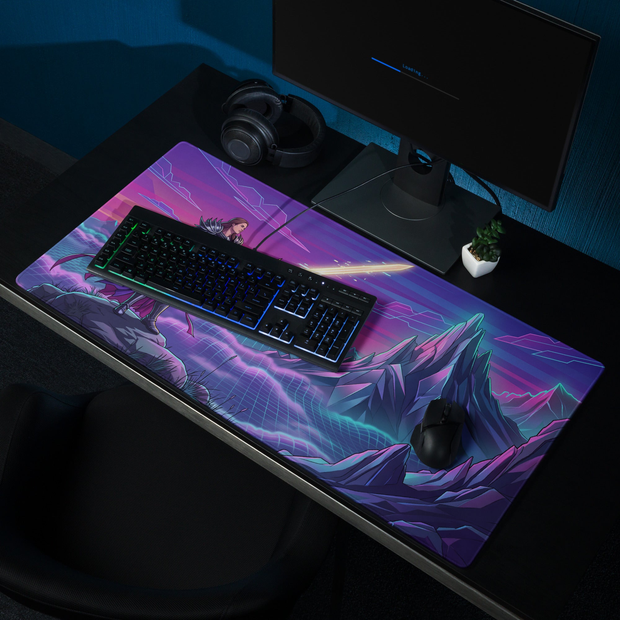 Vibrant purple and neon blue vaporwave neon mountain mouse pad with anime character on jagged mountains under stormy sky