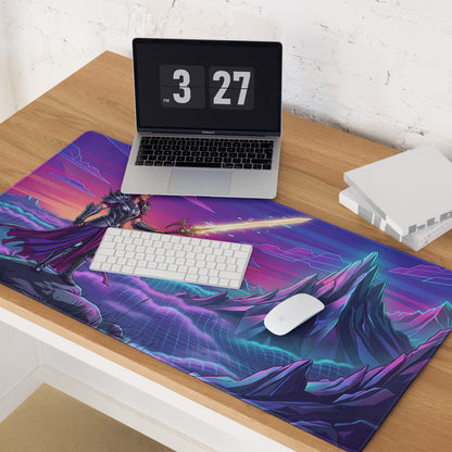 Vibrant purple and pink vaporwave neon mountain mouse pad featuring a fantasy warrior with glowing sword on neon landscape