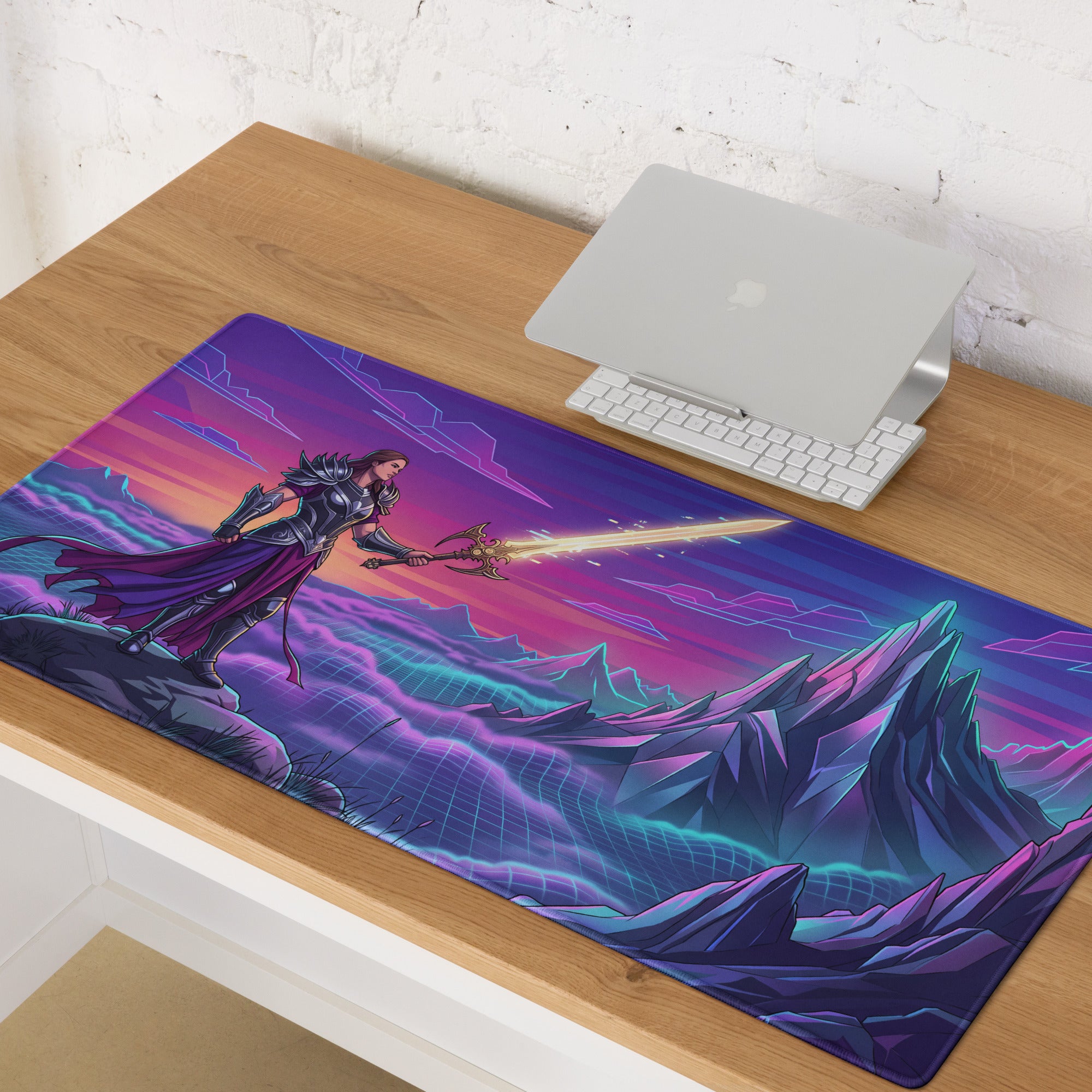 Vaporwave neon mountain mouse pad with vibrant purple and neon blue fantasy design featuring warrior on rocky terrain