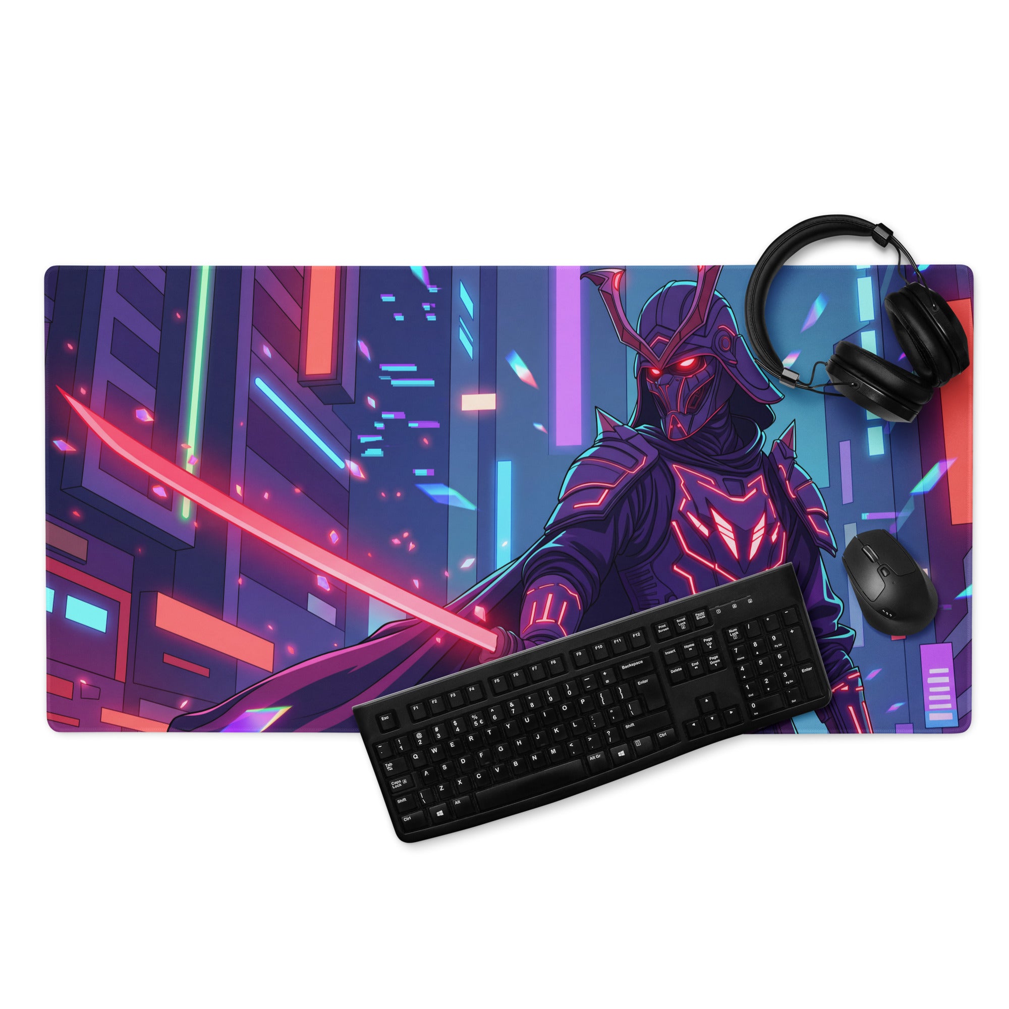 Vaporwave neon nexus mouse pad with ninja-themed neon purple and pink cyberpunk cityscape and glowing red sword design
