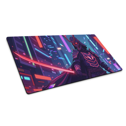 Vaporwave neon nexus gaming mouse pad with neon purple blue cyber samurai sword and futuristic cityscape design
