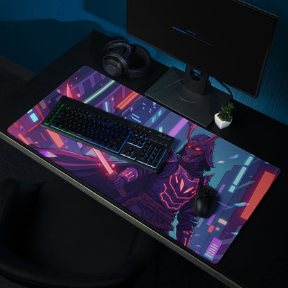 Vaporwave neon mountain gaming mouse pad featuring a neon-lit cyberpunk warrior in purple and pink hues