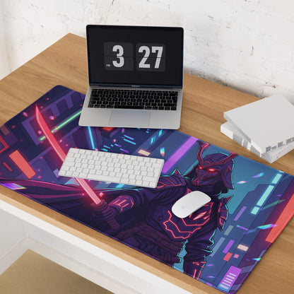 Vaporwave neon nexus mouse pad with ninja-themed vibrant neon purple pink and blue cyberpunk cityscape design