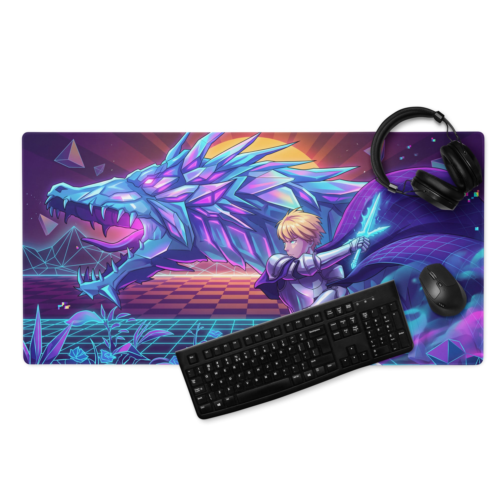 Vaporwave neon dragon mouse pad with vibrant purple blue neon fantasy dragon battle design beside black keyboard and mouse