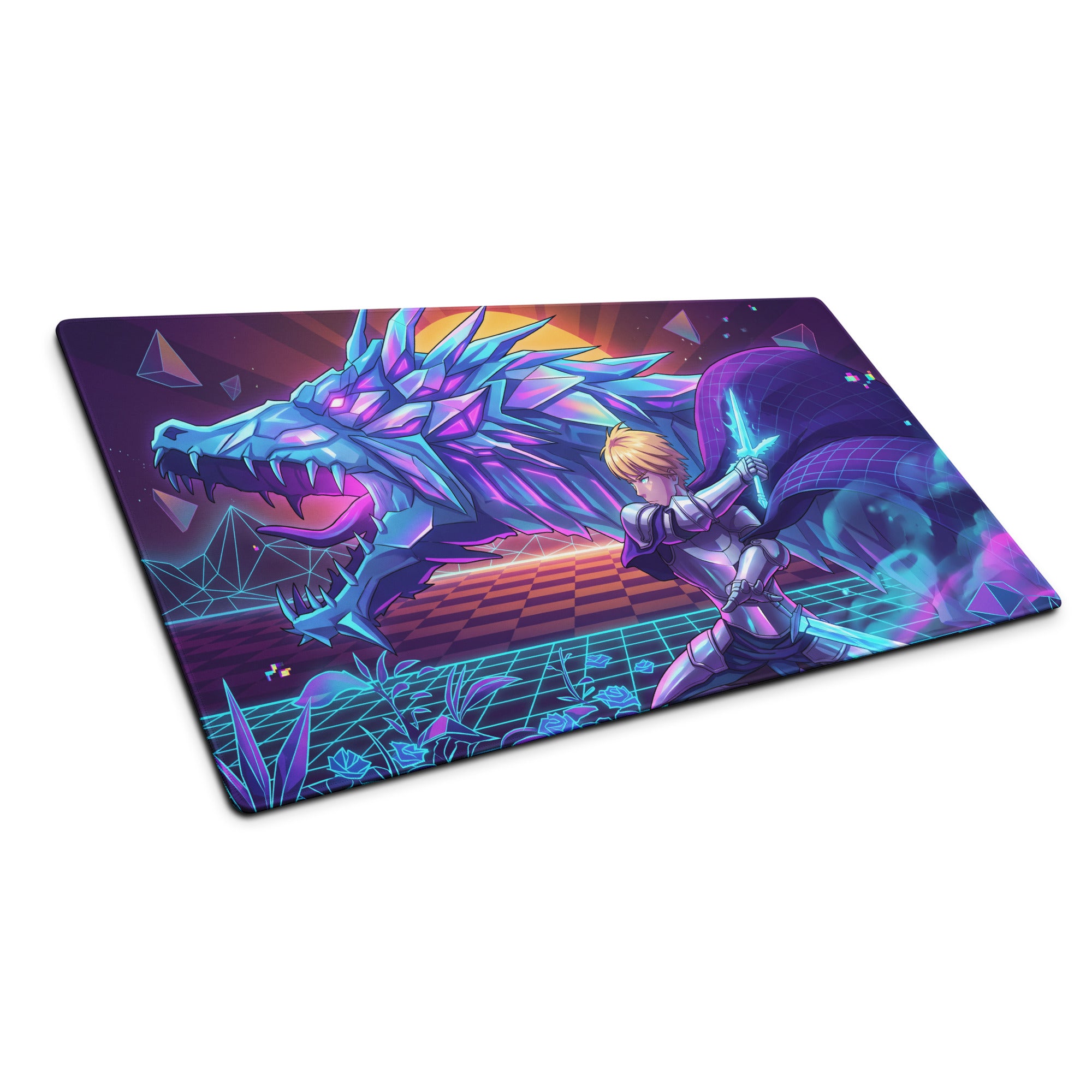 Vaporwave neon dragon gaming mouse pad with vibrant purple blue digital art of knight battling crystalline dragon