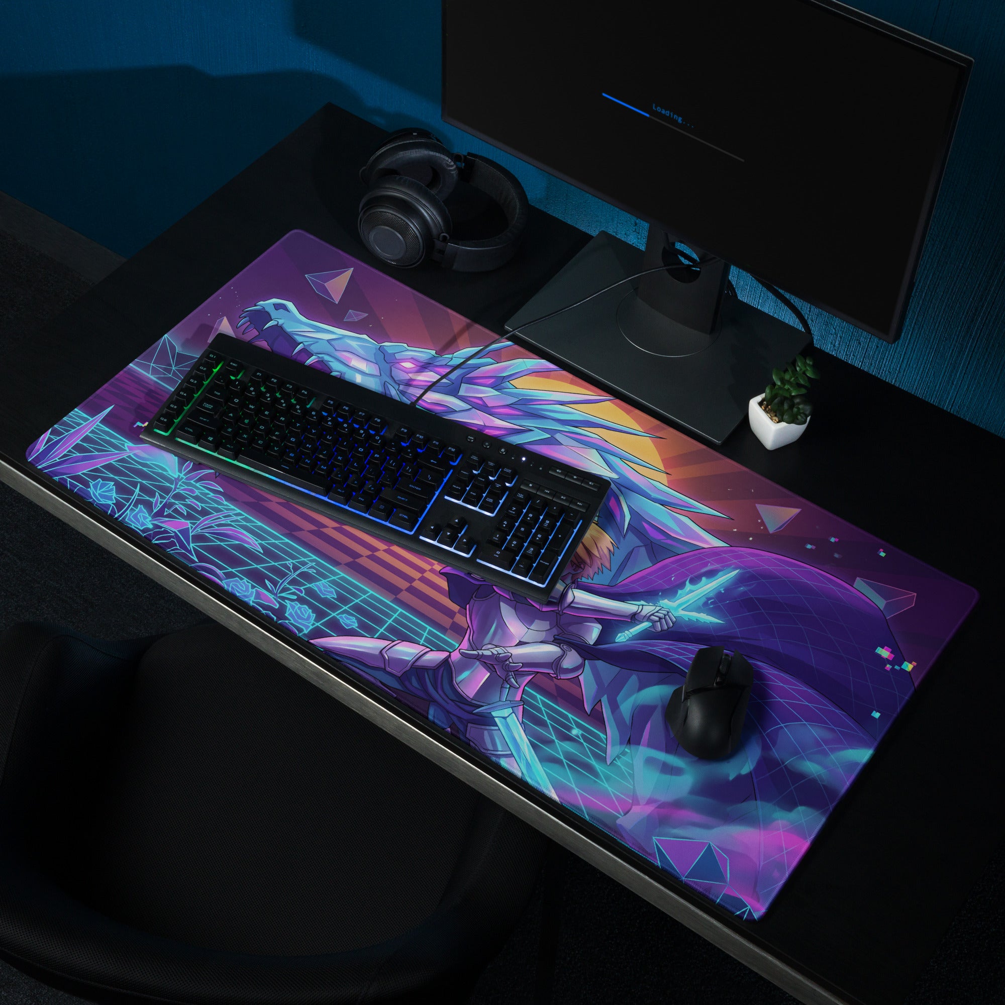 Vibrant purple and teal vaporwave neon dragon gaming mousepad with dynamic anime character design for desktop use