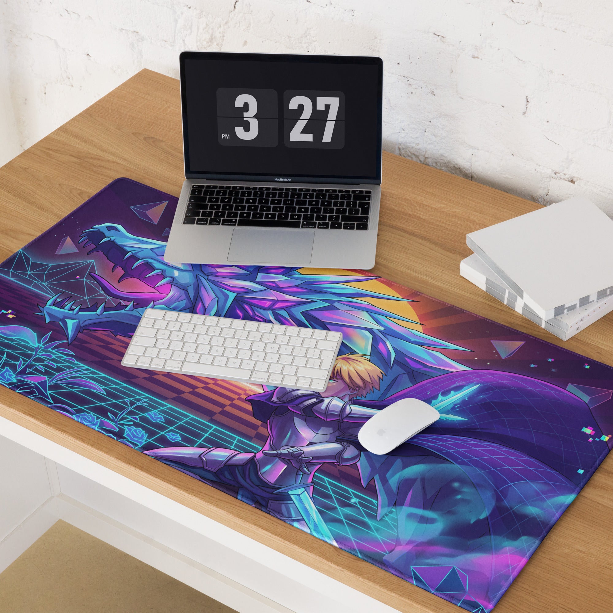 Vibrant purple and blue neon gaming mouse pad featuring a vaporwave dragon and knight design in retro futurism style
