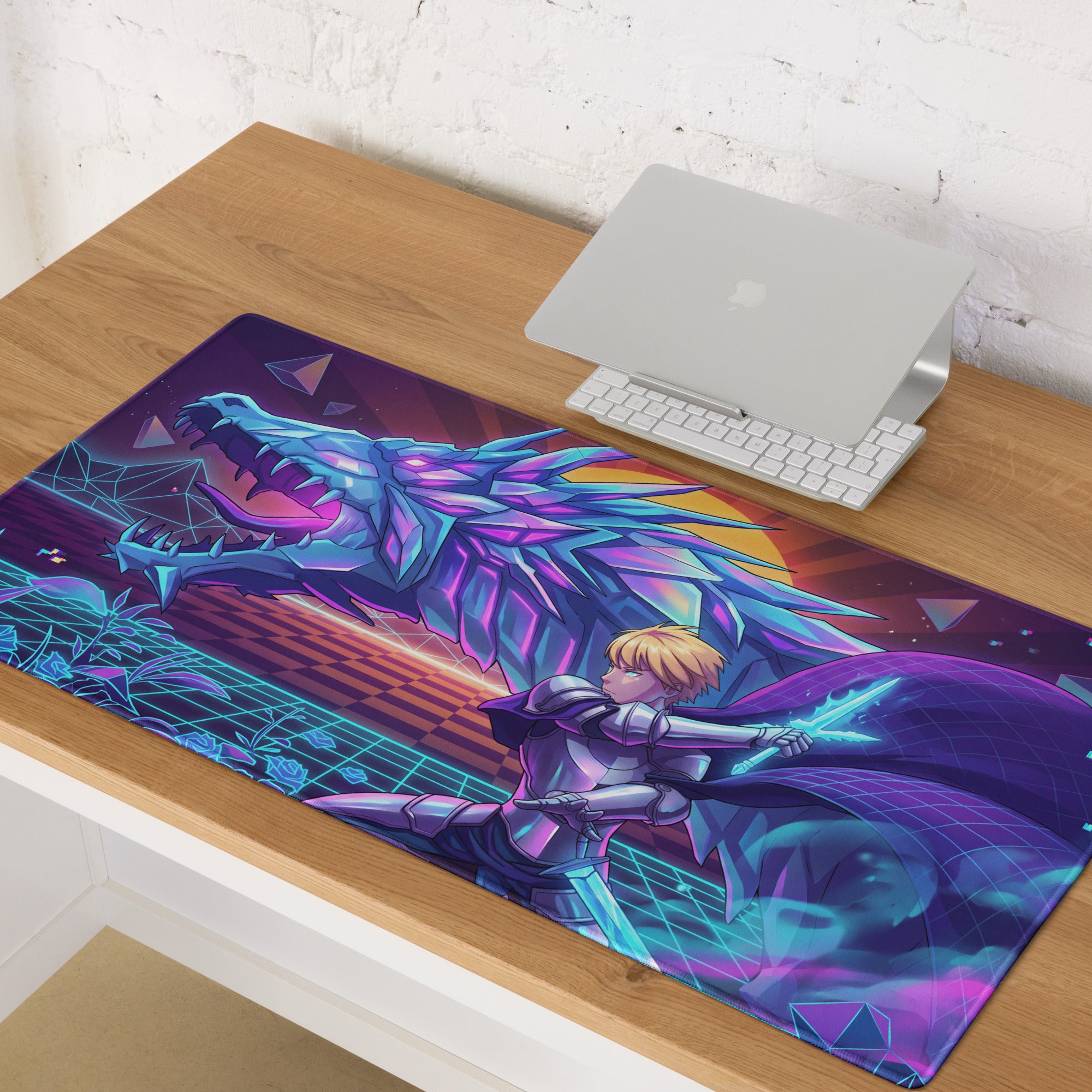 Vaporwave neon dragon mouse pad with vibrant purple and blue neon knight versus dragon cyberpunk digital art design