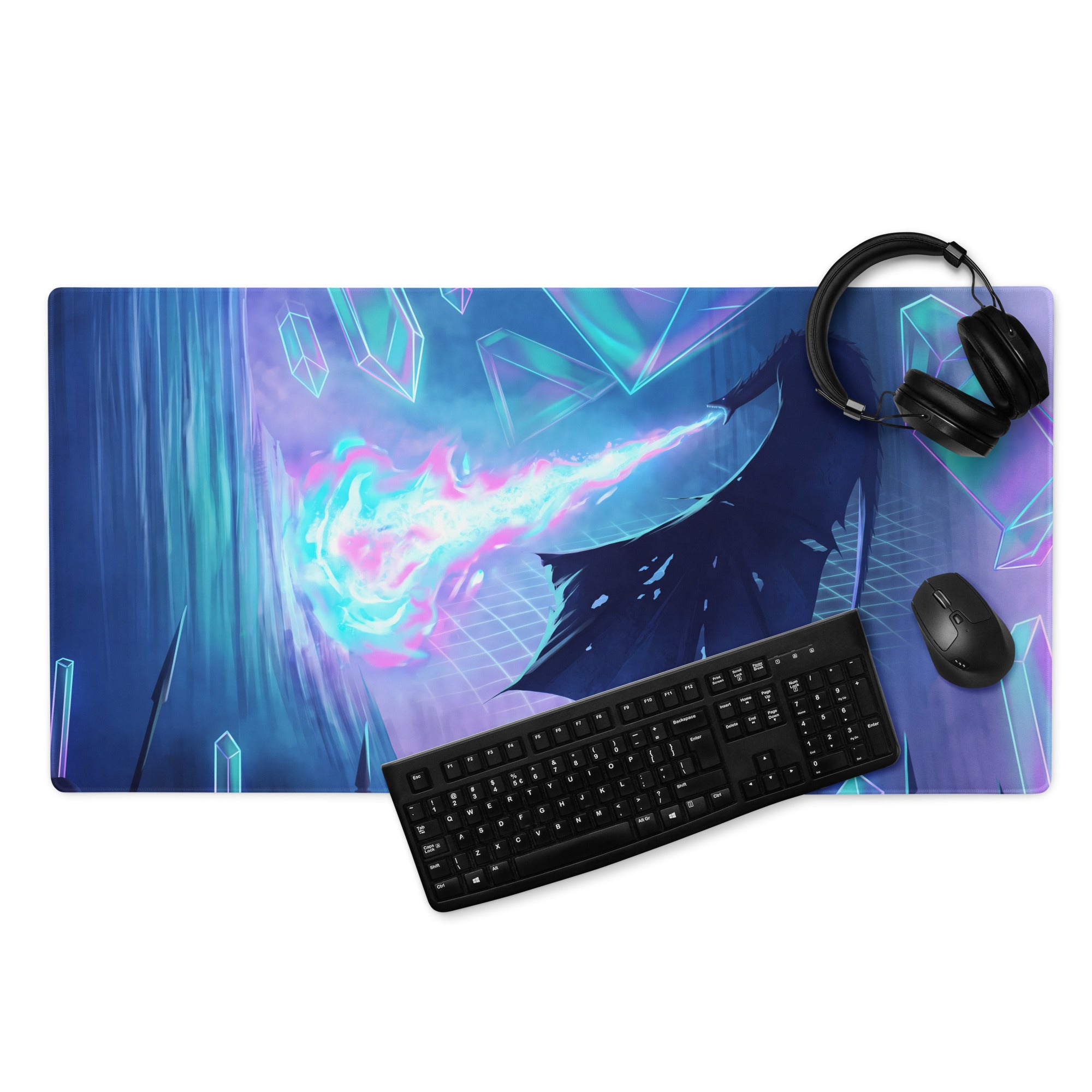 Neon vaporwave fusion gaming mouse pad in vibrant blue and purple with dynamic fantasy character and glowing crystals