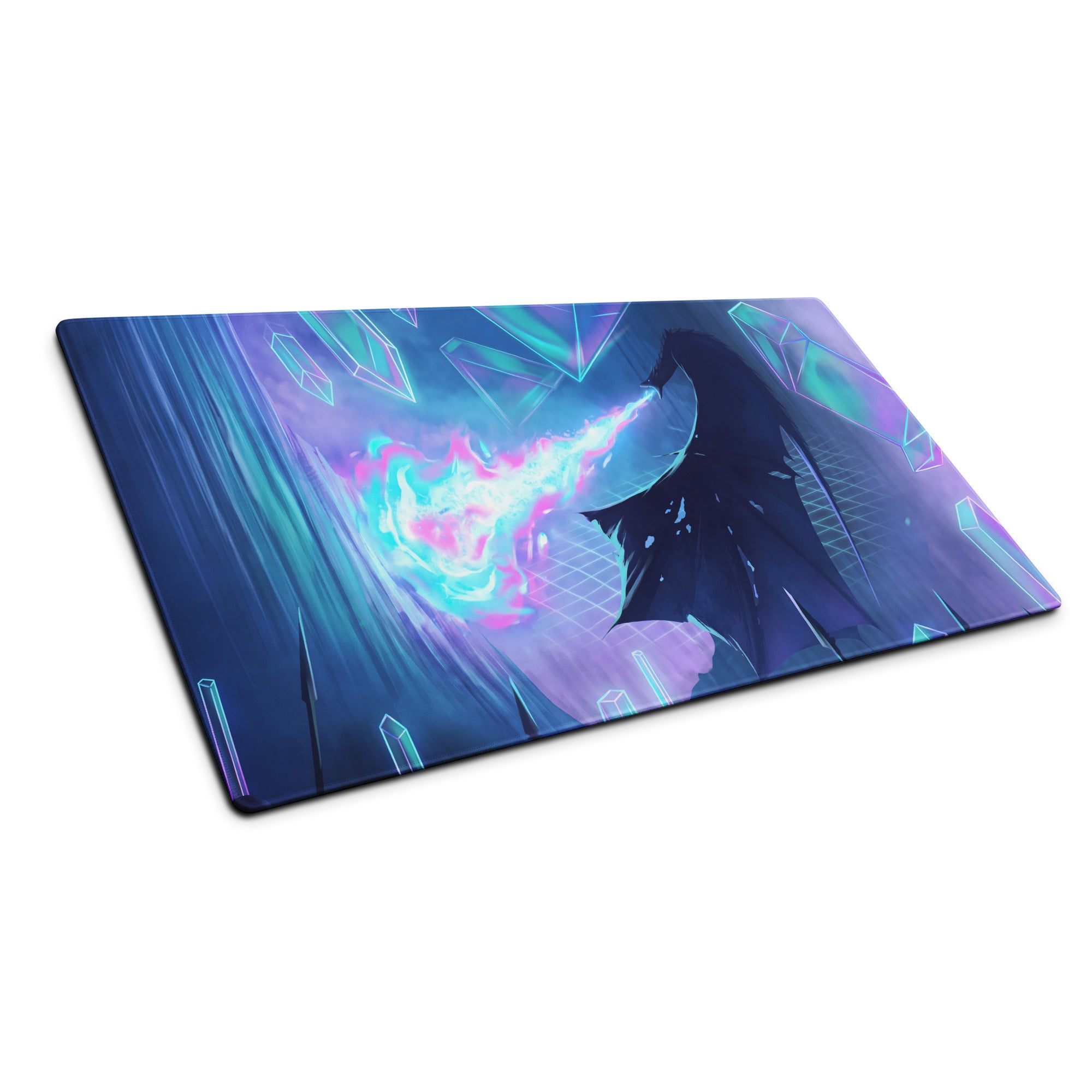 Rectangular gaming mousepad with vibrant neon blue and purple crystals and a central figure emitting pink and cyan energy