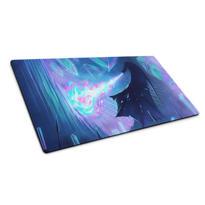 Rectangular gaming mousepad with vibrant neon blue and purple crystals and a central figure emitting pink and cyan energy