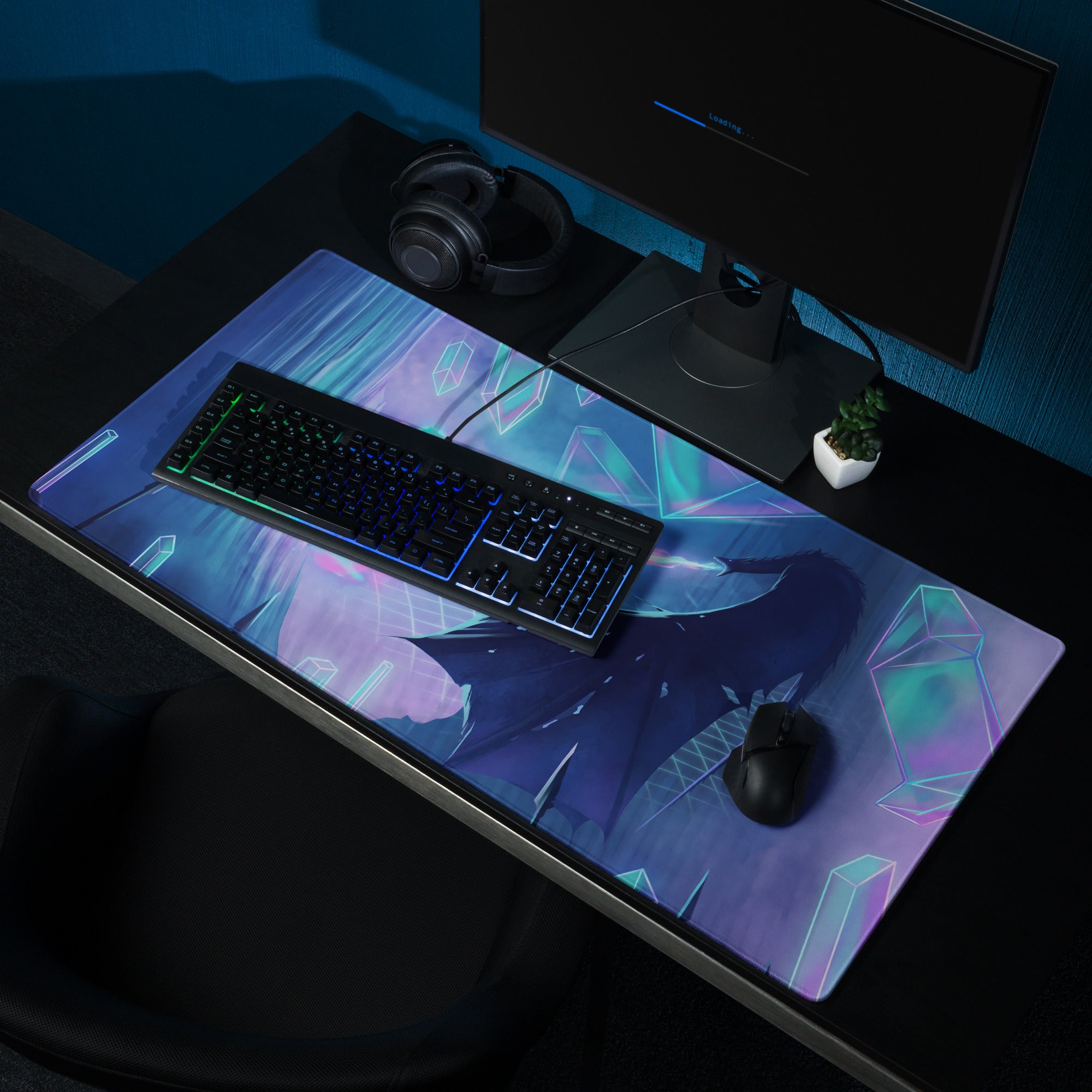 A vibrant gaming mouse pad with a futuristic anime design featuring glowing purple and teal geometric shapes