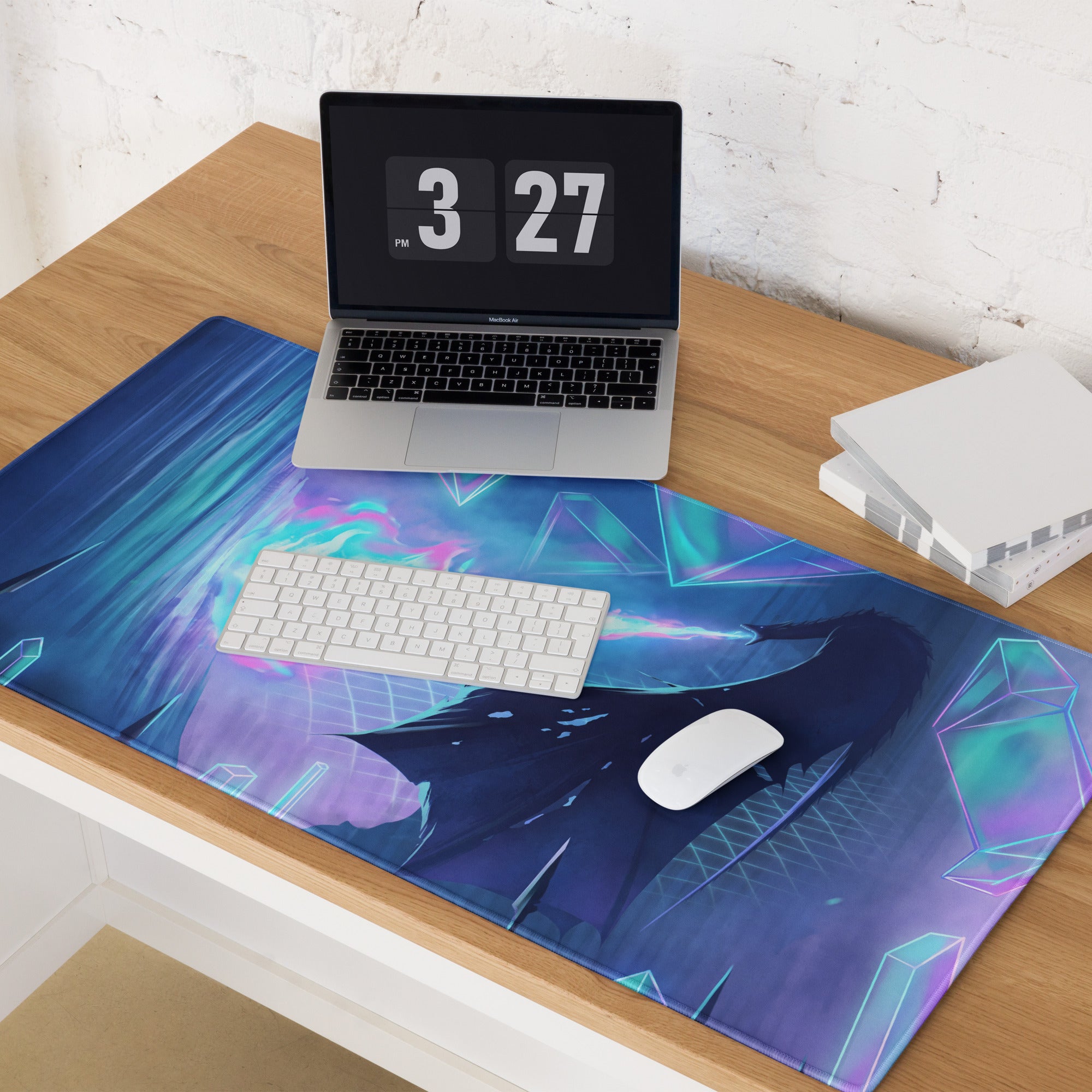 Vibrant blue and purple neon vaporwave fusion gaming mouse pad with geometric designs for desk setup and digital art use