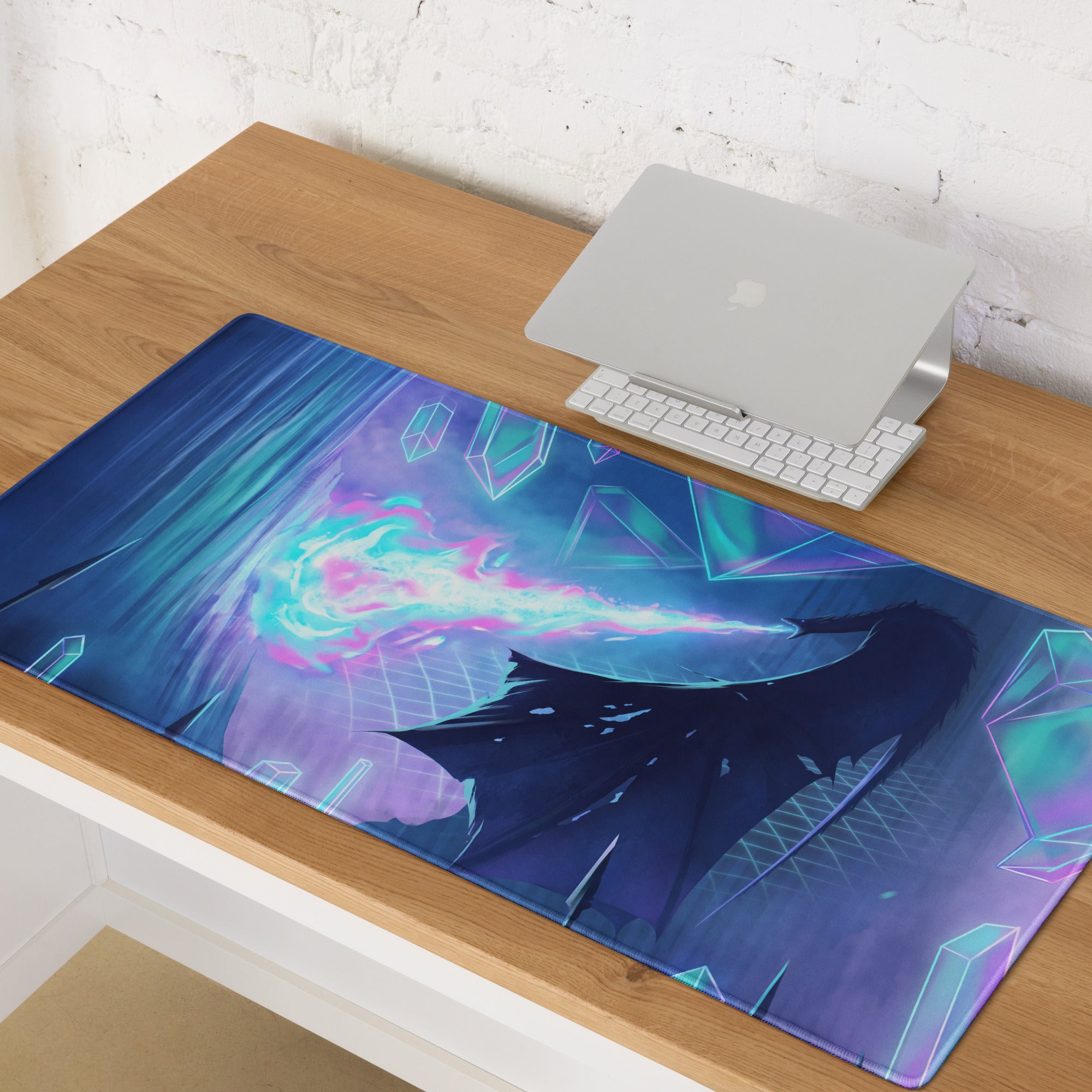 Neon vaporwave fusion gaming mouse pad with vibrant neon blue and purple dragon design and glowing crystal accents