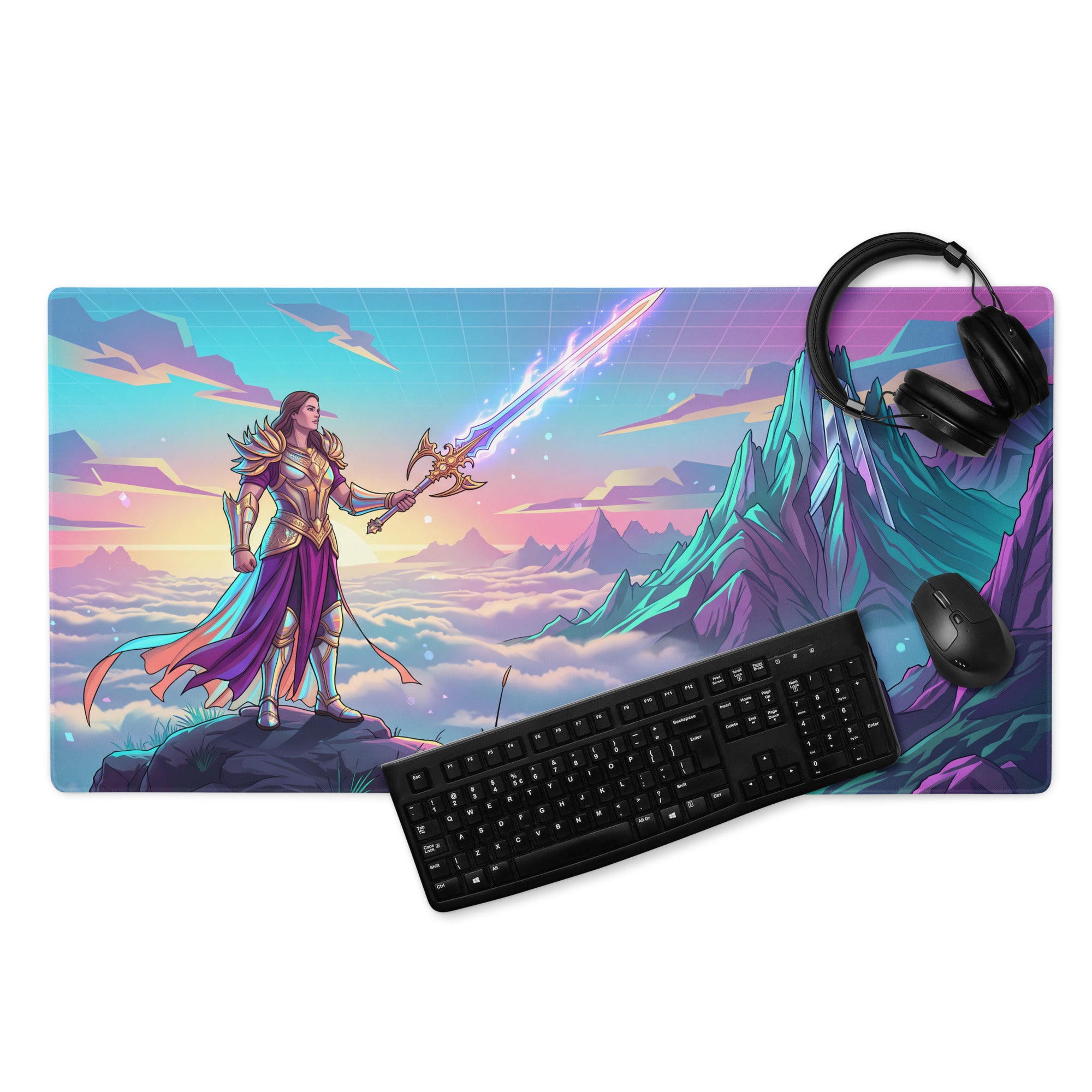 Vibrant vaporwave warrior gaming mousepad with gold and purple armor fantasy illustration on neon pink purple blue background