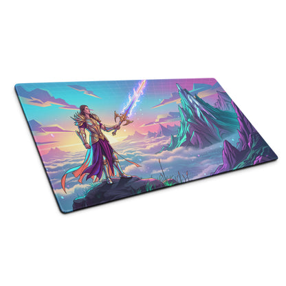 Vaporwave warrior mouse pad with vibrant purple and gold armored warrior holding glowing sword on pastel mountain background