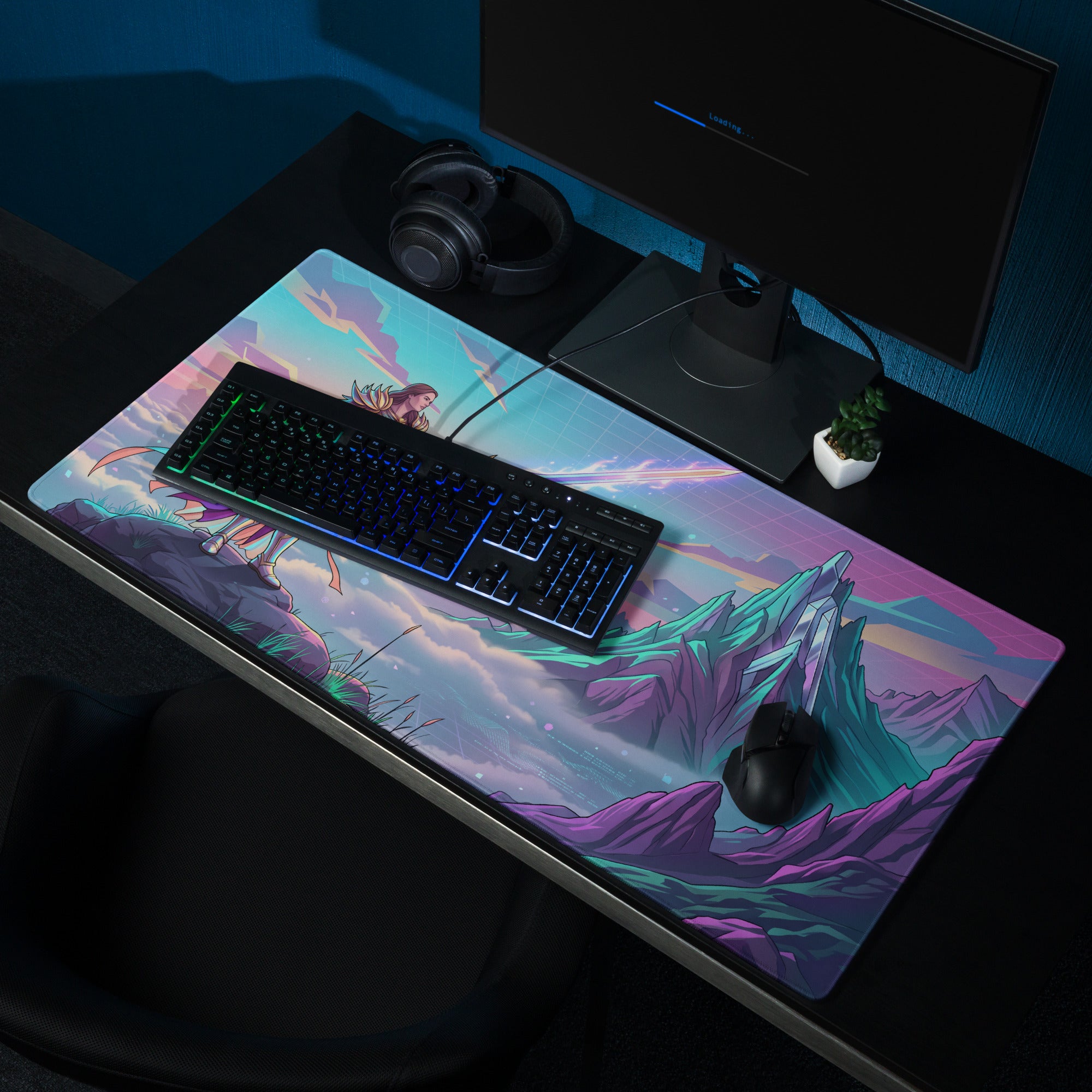 Vibrant rectangular vaporwave warrior gaming mousepad in pink purple and blue featuring a fantasy warrior landscape