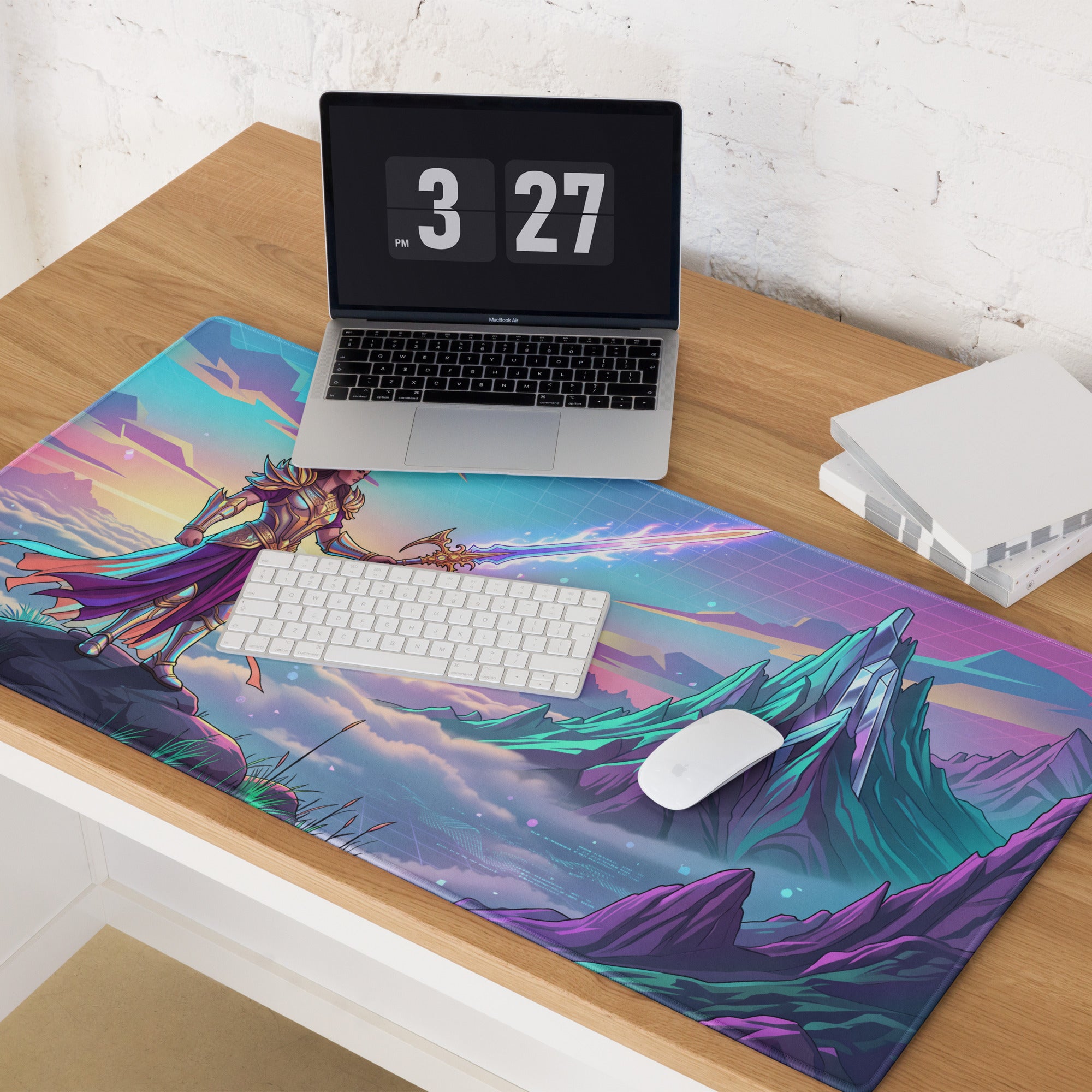 Vaporwave warrior mouse pad featuring a vibrant fantasy warrior illustration in pink purple and blue for gaming use
