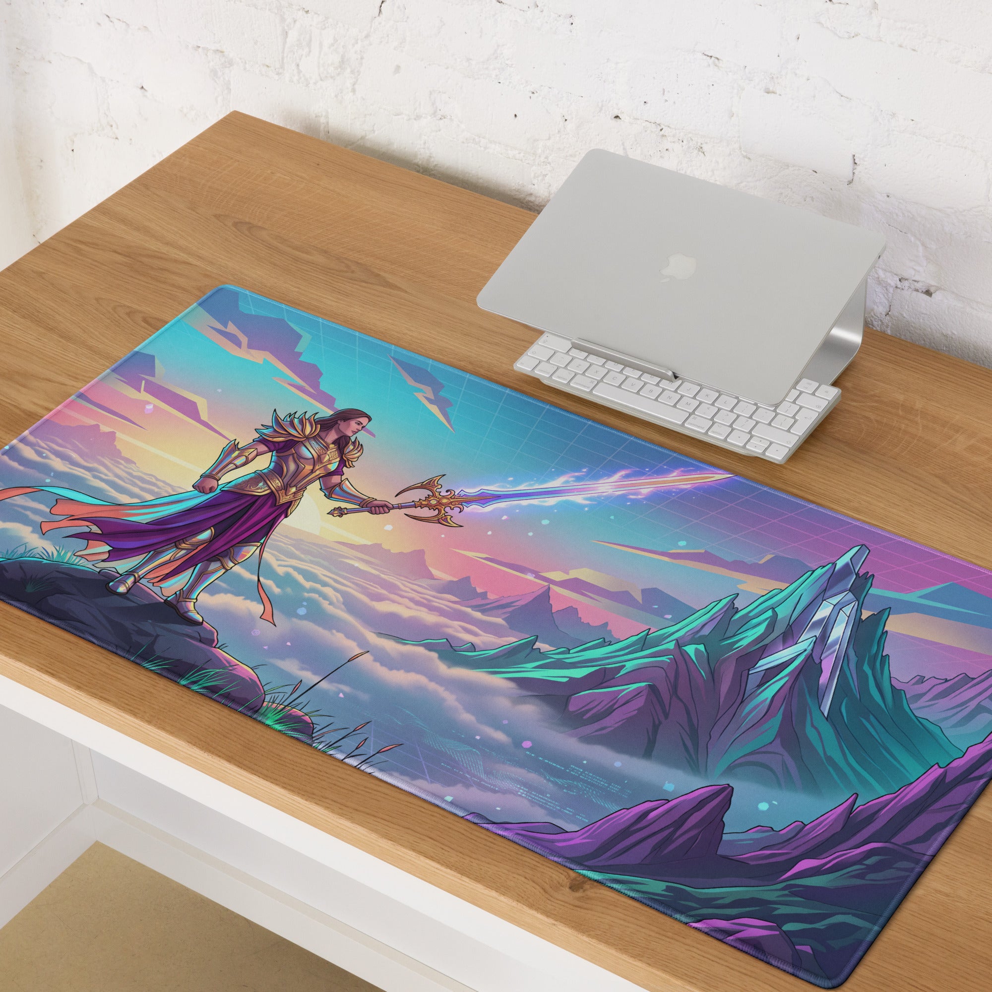 Vaporwave warrior mouse pad featuring a vibrant fantasy warrior in purple gold armor with glowing sword on colorful teal mountains