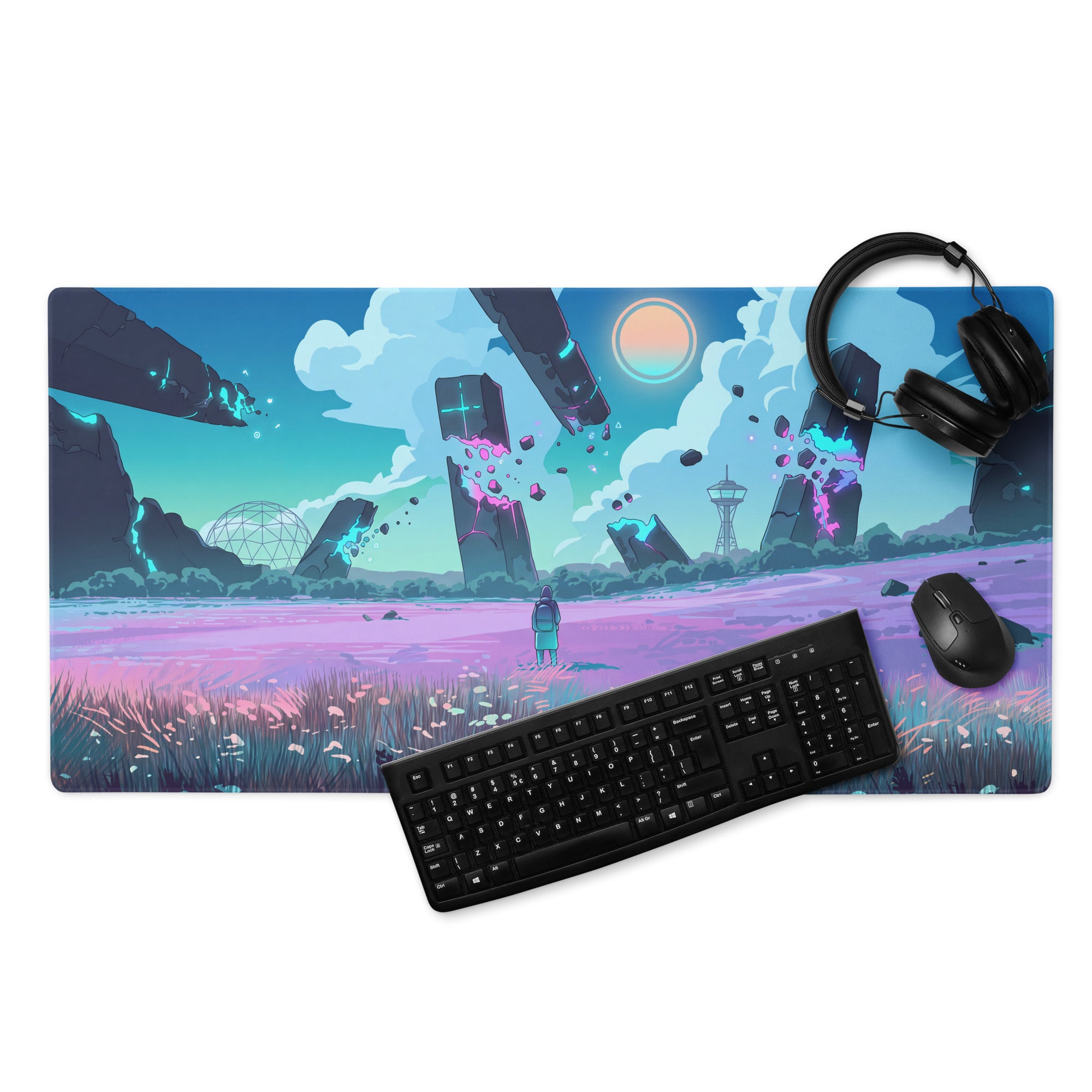Vaporwave neon landscape mouse pad with vibrant purple teal hues featuring floating structures and a glowing sun