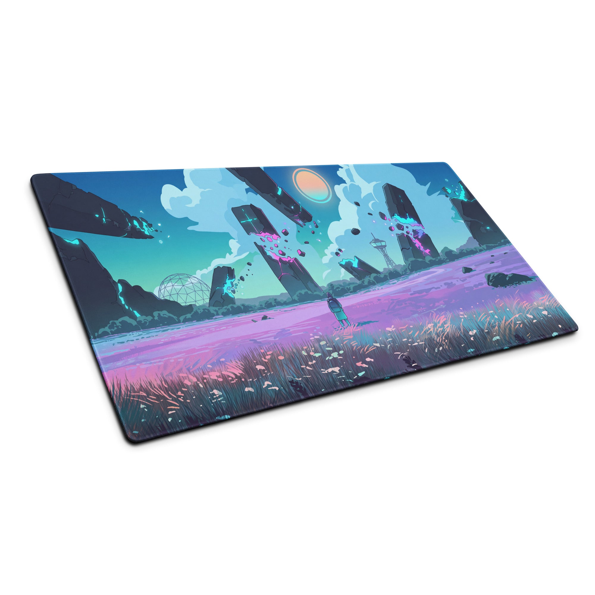 Rectangular gaming mousepad with vibrant vaporwave landscape of purple grasslands, floating structures, and glowing orange sun