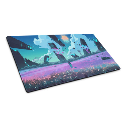 Rectangular gaming mousepad with vibrant vaporwave landscape of purple grasslands, floating structures, and glowing orange sun