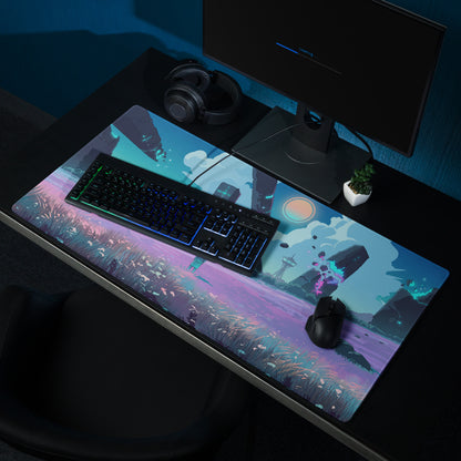 Vaporwave neon landscape gaming mouse pad with vibrant purple teal fantasy ruins and floating structures under glowing sky