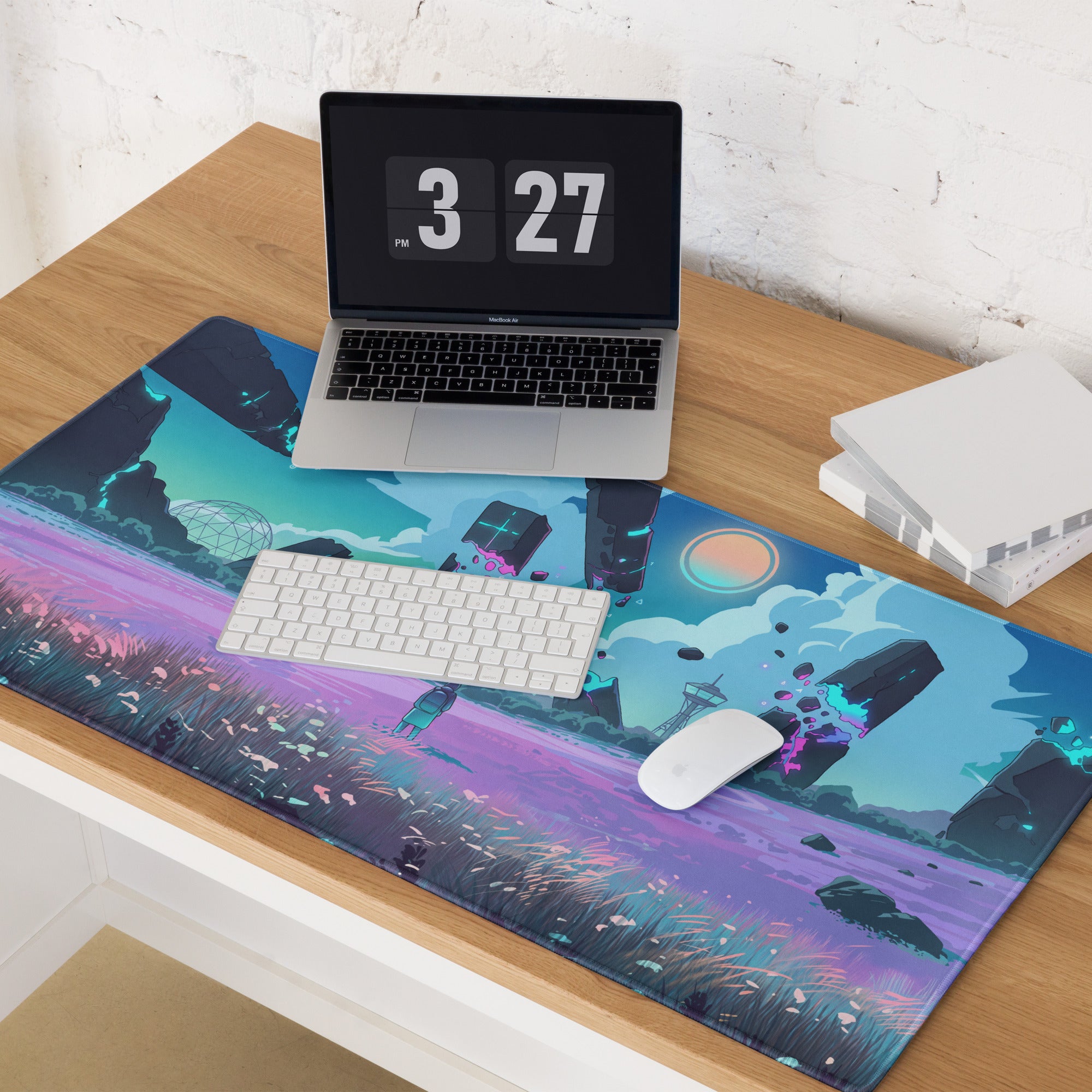 Vaporwave neon landscape gaming mouse pad featuring a futuristic teal sky purple grasslands design for desk use
