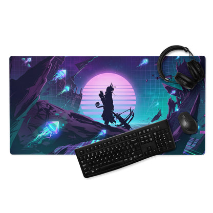 Vaporwave neon gaming mouse pad with vibrant purple and teal cyberpunk design featuring ninjago silhouette under pink sun