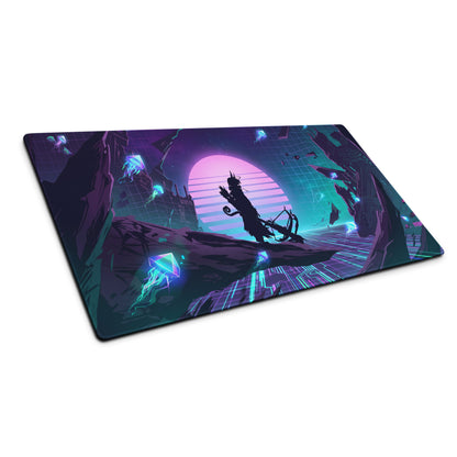 Vaporwave neon gaming mouse pad featuring a glowing purple teal nebula landscape with a silhouetted archer and pink sun