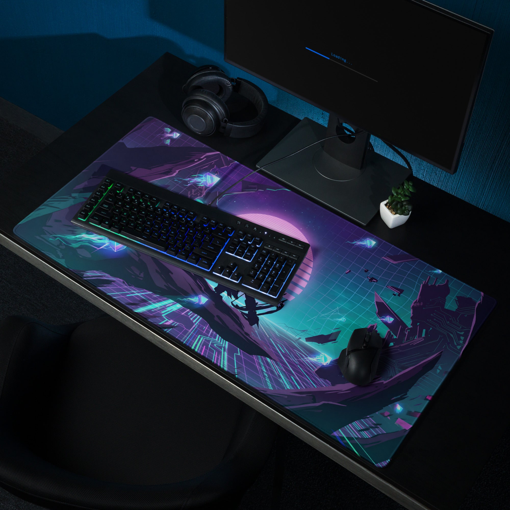 Vaporwave neon gaming mouse pad with vibrant purple and teal cyberpunk circuitry artwork for futuristic gaming setup