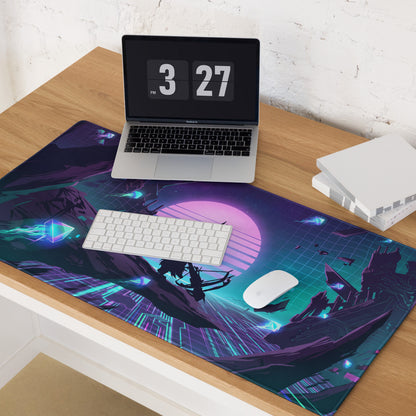 Narrow rectangular vaporwave neon gaming mouse pad with vibrant purple and teal cyberpunk design for gamers