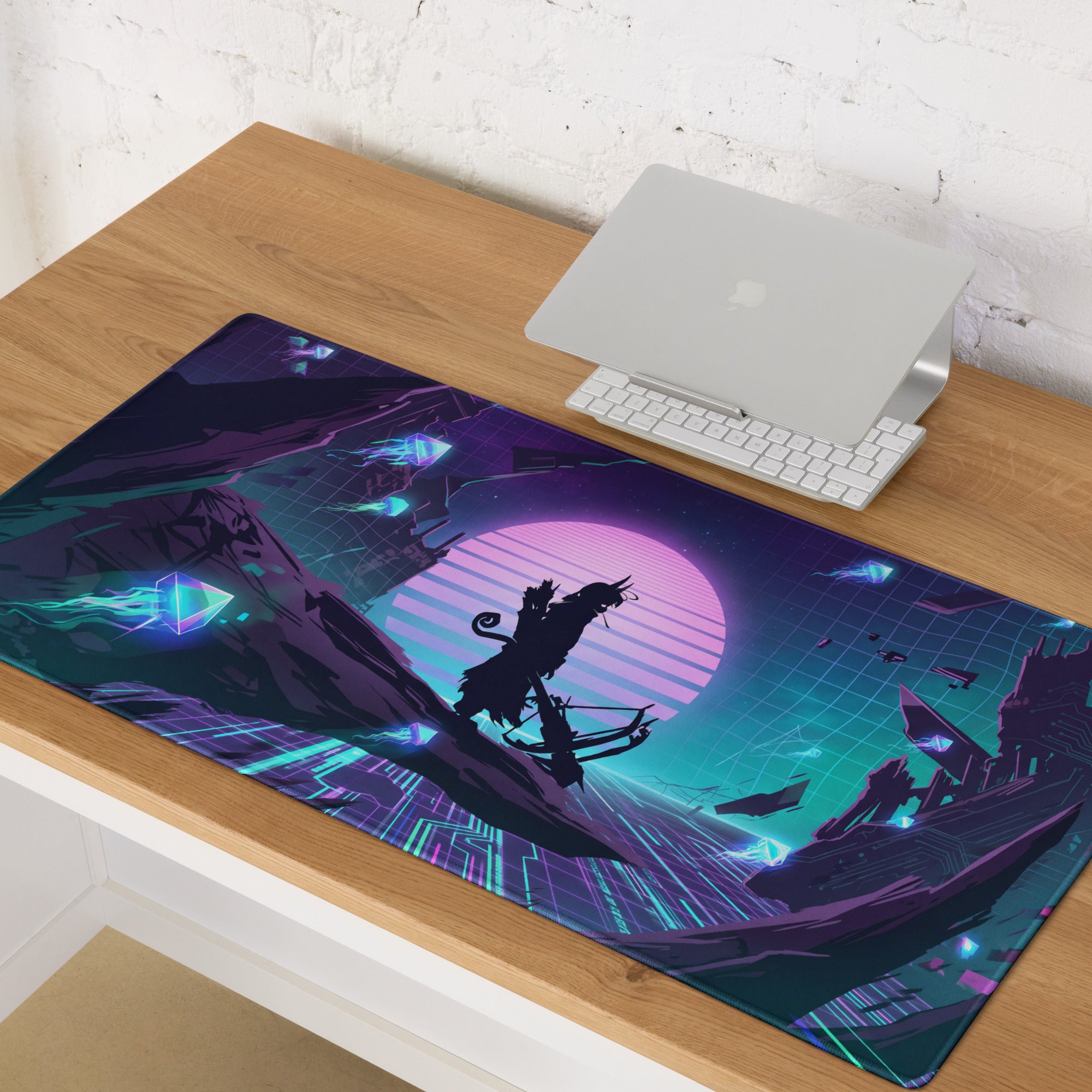 Vaporwave neon gaming mousepad with vibrant retro-futuristic purple teal design featuring a silhouette on horseback