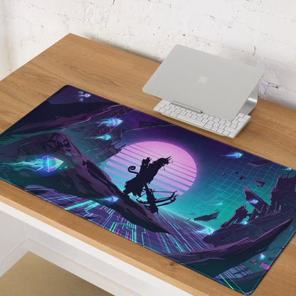 Vaporwave neon gaming mousepad with vibrant retro-futuristic purple teal design featuring a silhouette on horseback